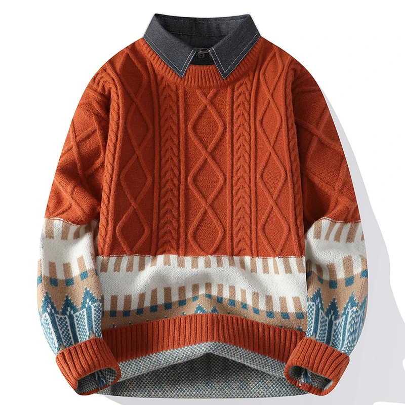Ropa de hombre, jersey de Color contrastante con cuello vuelto, suéter de manga larga con rosca, Tops informales geométricos de punto para novio