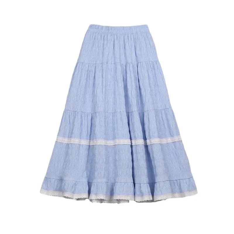 Lotus-leaf Blue Skirt Women's Summer New Solid Color Lace Design Sense Niche High Waist A-Line Long Skirt