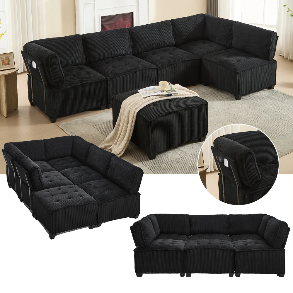 Sofa Modulares 6-Sitzer-Sofa, Kordelstoff, ergonomisch, Aufbewahrungstaschen, flexibel kombiniert als U-Form/L-Form/Sofabett – Detail 18