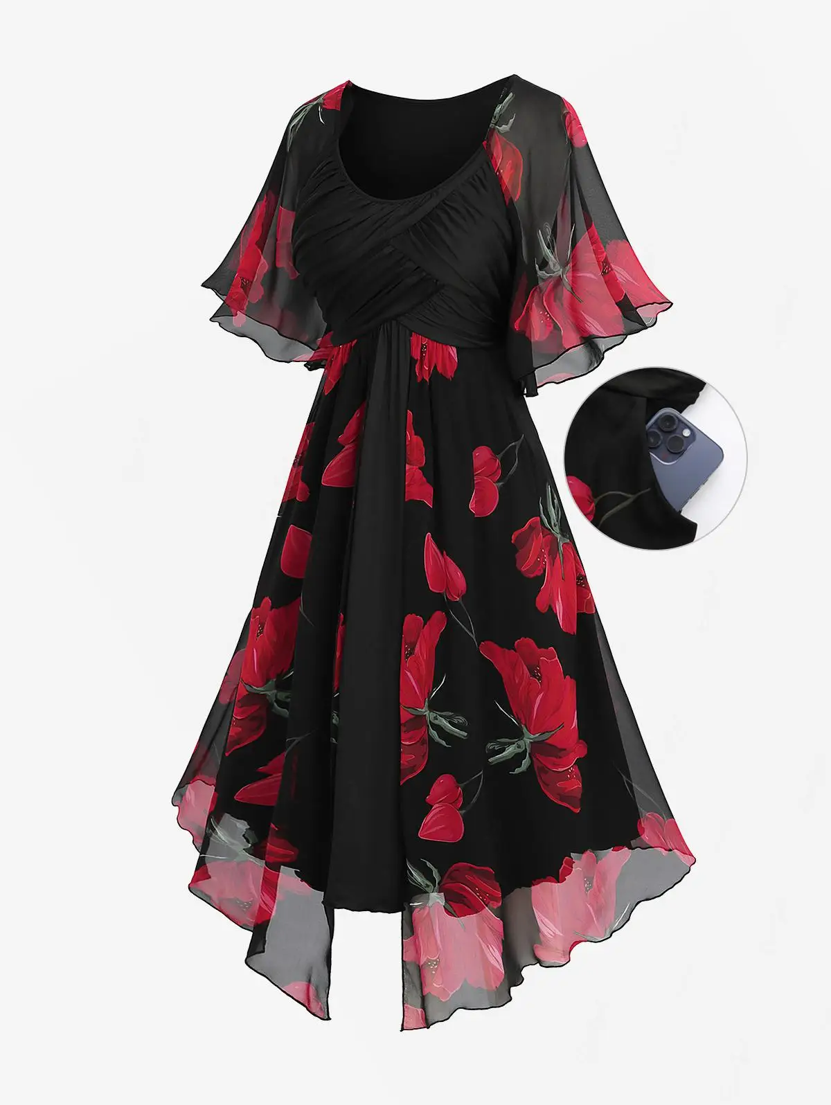 

ROSEGAL Plus Size Floral Print Chiffon Ruched Panel Ruffles Split Hem Layered Red Rose Layered Dress 2025 Casual Crewneck Dress