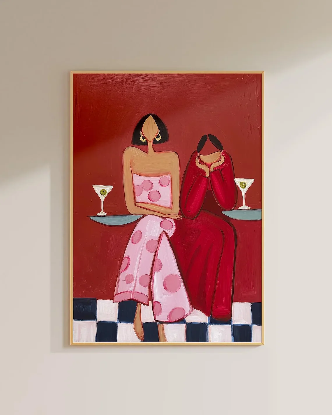 Martini Ladies Retro Wall Print Decor Bold Abstract Illustration Two Women Pink Polka Dot Red Dresses Cocktail