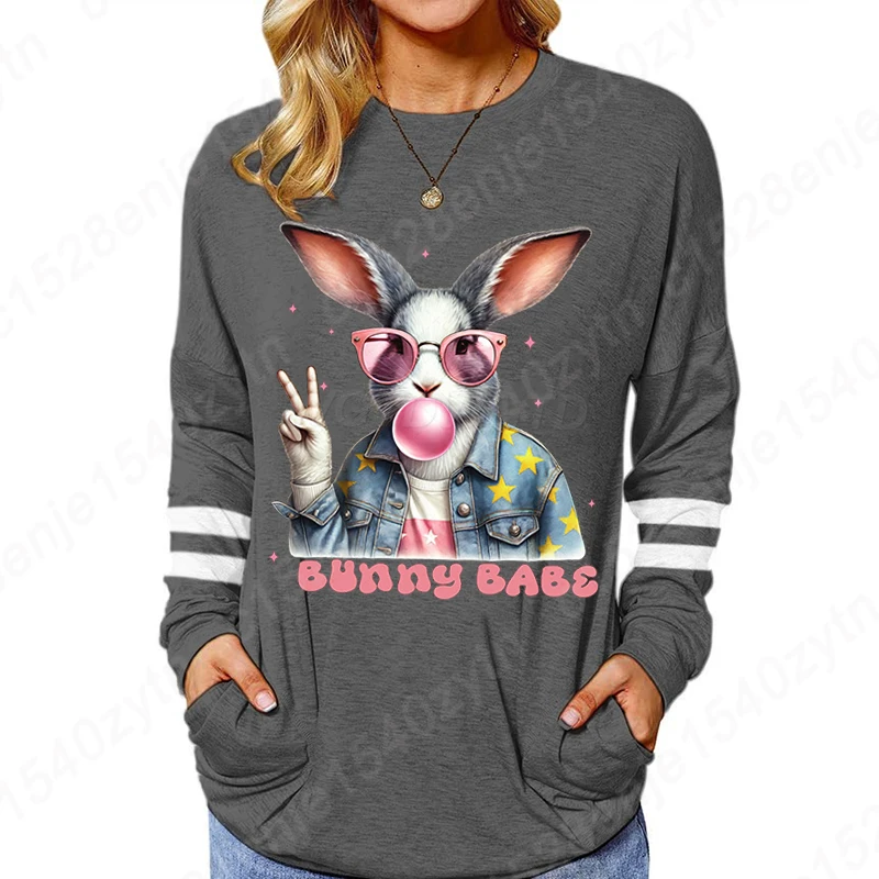 Women's Clothing Bubble Gum Bunny Graphic T Shirts Long Sleeves Funny Easter Bunny Graphic Tee Cute Spring Rabbit Gift for Women