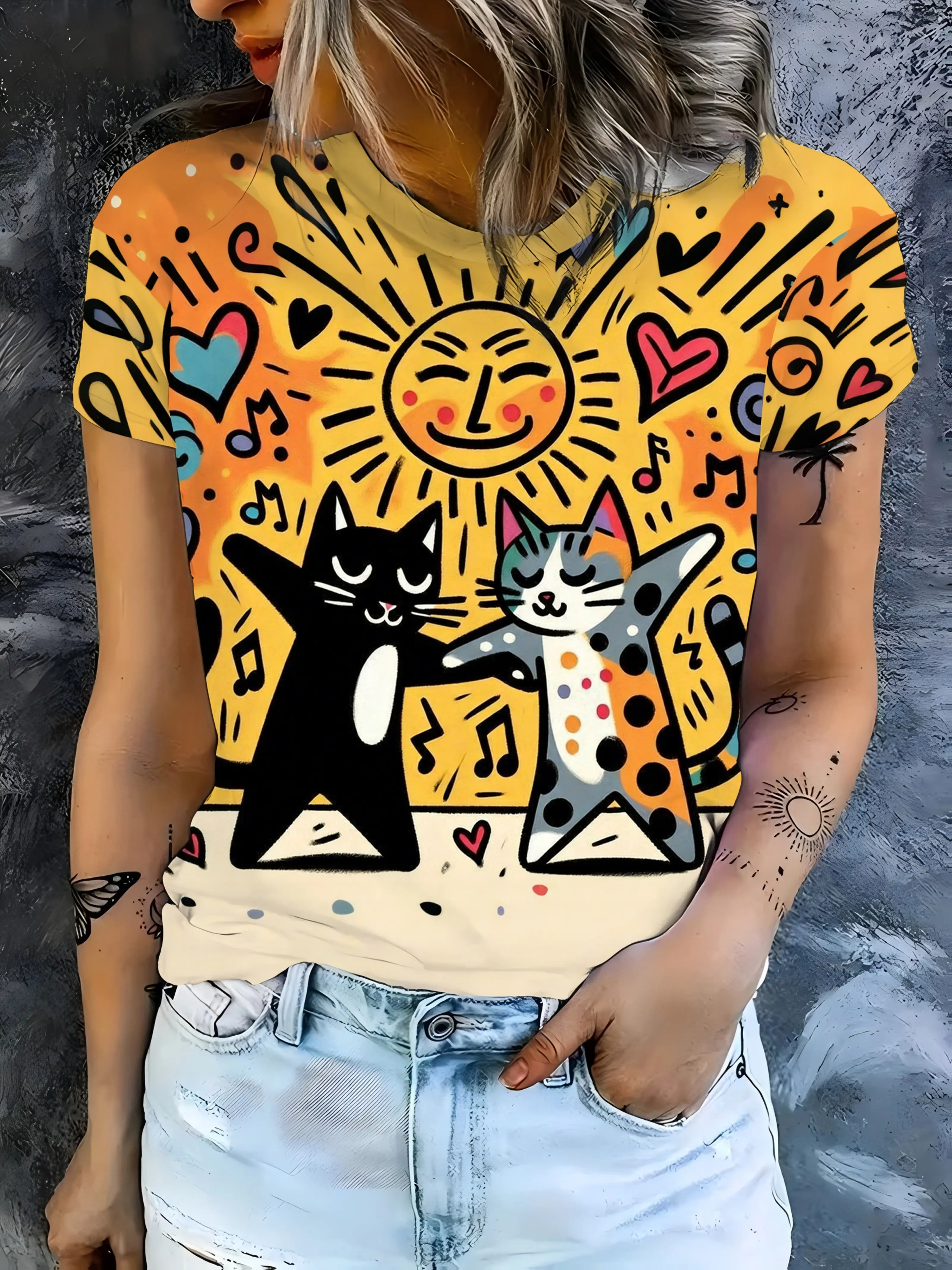 Women's T‑shirt Cartoon Dancing Cats Sun Music Heart Pattern Print Short Sleeve Crew Neck Summer Casual Daily Top Women Clothing