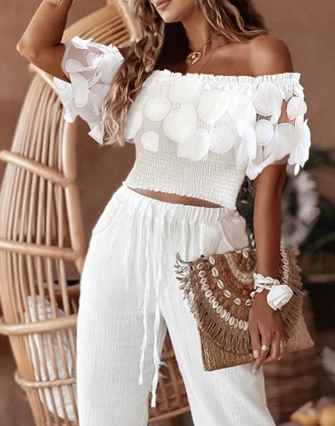 Two Piece Set Women Outfit 2024 Summer Fashion Frill Hem Shirred Sheer Mesh Patch Off The Shoulder Top & Drawstring Pants Set