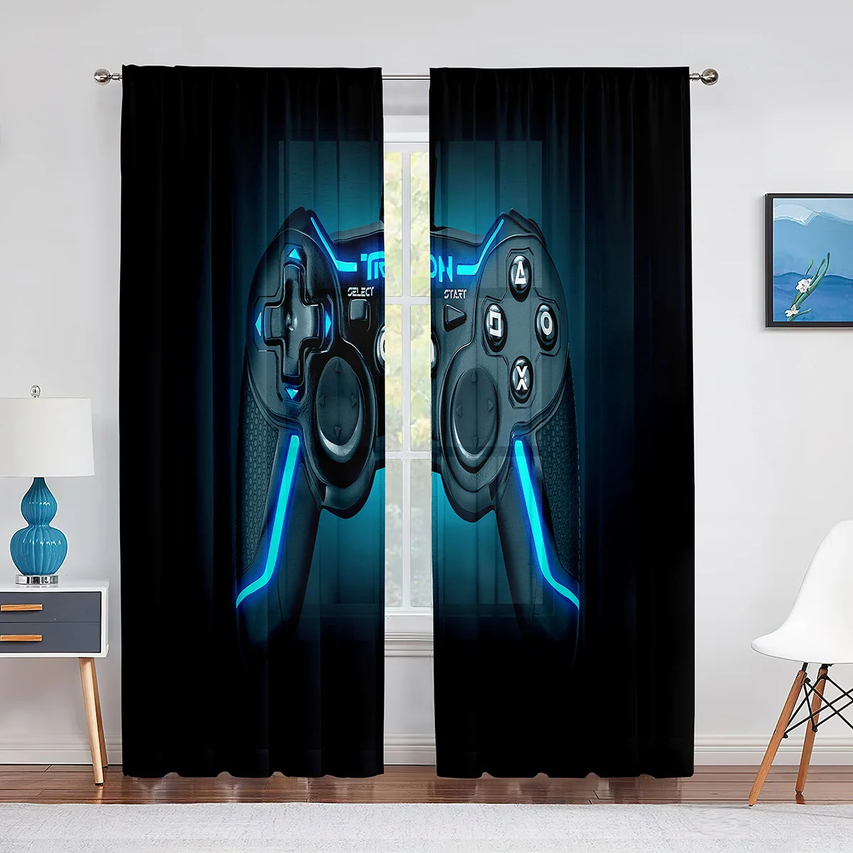 2 Panel Gamepad Transparent Curtains for Gaming Room Boy Bedroom Window Blinds Semi-shading Rod Pocket Grommet Top cortinas