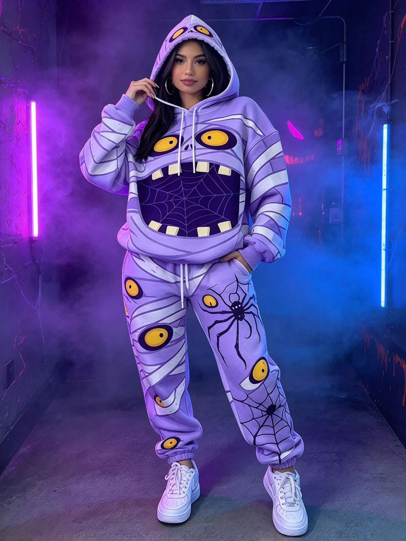Women Halloween Mummy Monster Spider Hooded Tracksuit, Printed Hoodie & Cuffed Jogger Pants 2 Piece Outfit