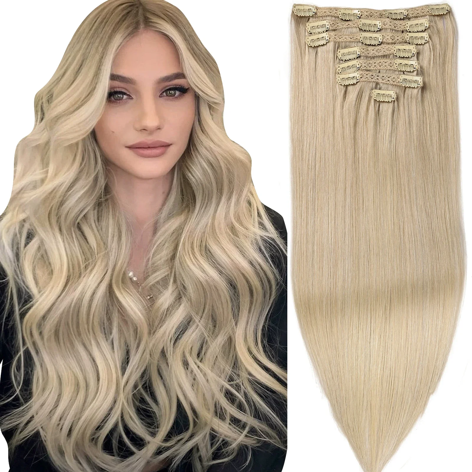 7Pcs Highlight Color Straight Clip-In Human Hair Extensions Brazilian 100g/Pack Easy to Install No Heat Needed Hair Extensions