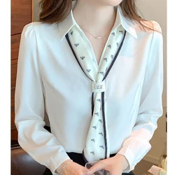 Autumn New Elegant Fashion Commuter Office Lady Chic Minimalist Shirt Women Necktie Turn Down Collar Solid Color Long Sleeve Top