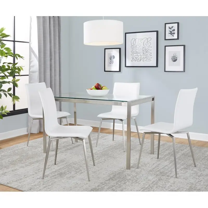 Set da pranzo girevole contemporaneo con acciaio inossidabile spazzolato, vetro trasparente e ecopelle bianca - 5 pezzi