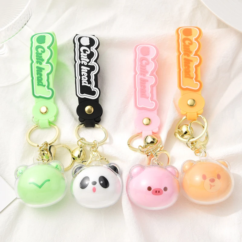 Cartoon Acrylic Animal Head Bell Keychain Cute Panda Frog Bear Piggy Keyring Bag Pendant Fashion Exquisite Accessory Couple Gift