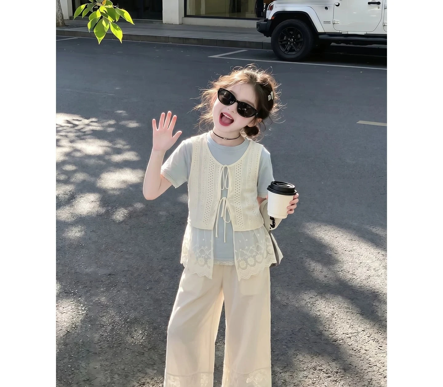 Girls Summer Set 2026 New Kids Outfit Stylish Top Girl Summer Very Beautiful Wide Leg Pants Three Piece Set