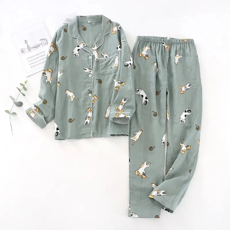 Japanese Spring Autumn Couples Cotton Gauze Pajamas Suit round Neck Sleepwear Home Clothes Men's Autumn Season Long Sleeve