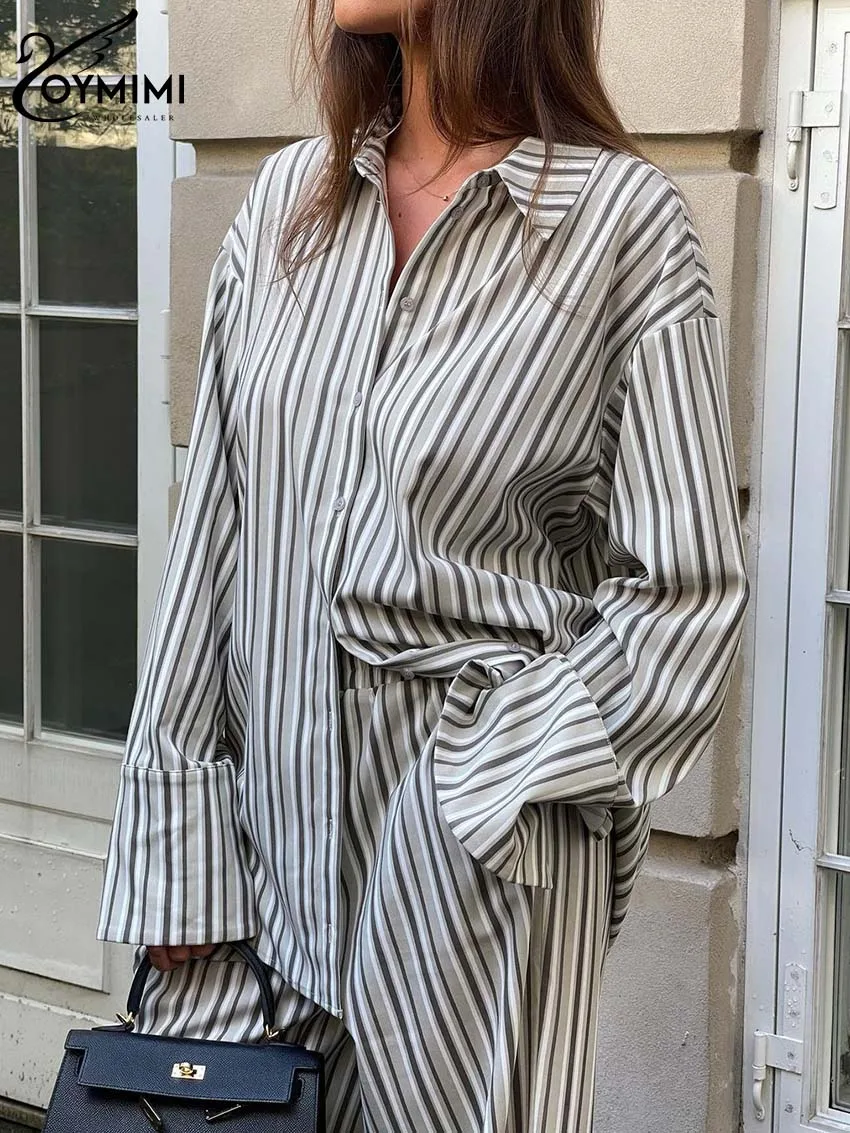 Oymimi Fashion Grey Striped Print Women Two Piece Set Casual Lapel Button Long Sleeve Shirts And Straight Full Length Pants Sets