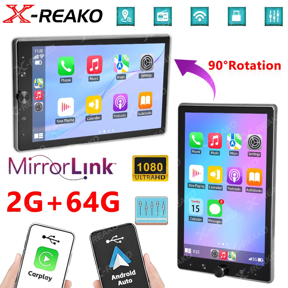 X-REAKO 2 Din 10.4inch Car Radio Carplay Android Auto 90° Rotatable Multimedia Video Player Bluetooth FM Radio Android Head Unit