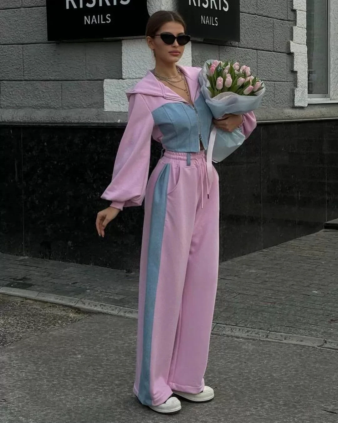 Faionable Patchwork Hoodie Pants Set Long Sve Zipper Closure Polyester Material Long Pants Autumn Season Casual Sportswear