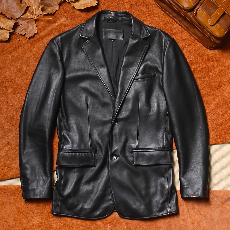 

Genuine Lambskin Leather Jaet Men's Korean Sle Slim Fit Medium Length Faion Urban Sle Youth Autumn Wear