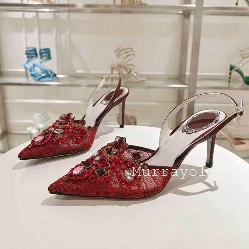 New Pointed Toe Lace Gauze Thin High Heels Sandals Women Rhinestone Decor Sandalias Summer Party Dress Shoes Wedding Shoes Pumps