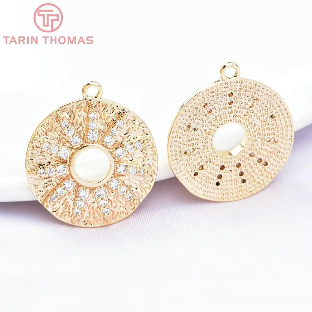 (6648) 2PCS 20MM 24K Gold Color Brass with Zircon Round Charms Pendants High Quality DIY Jewelry Making Findings Wholesale