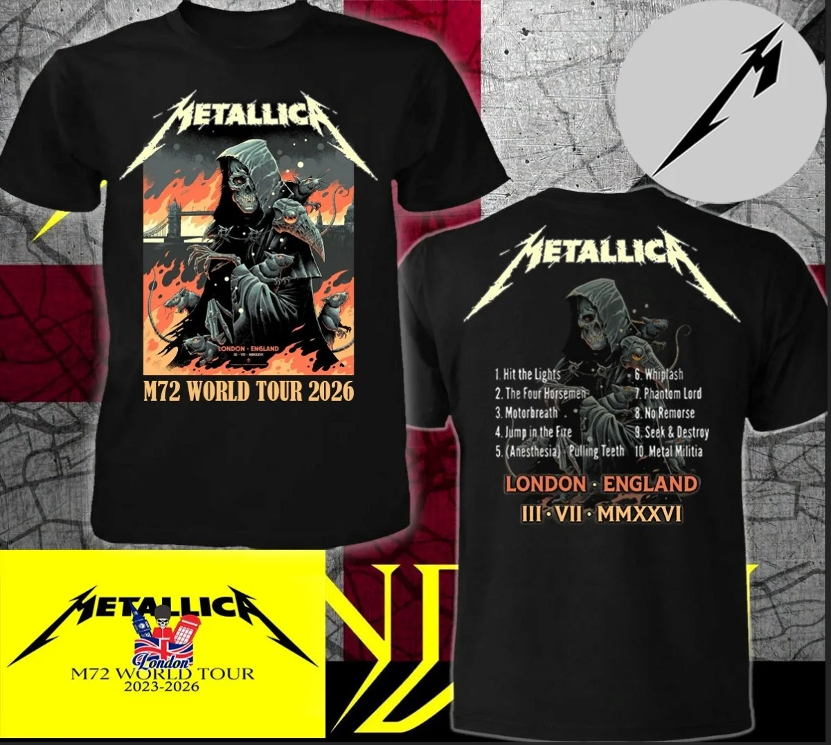Camiseta Metallica M72 World Tour 2026 Londres para Homens e Mulheres, Verão, 100% Algodão, Estilo Gótico, Alta Qualidade, Manga Curta