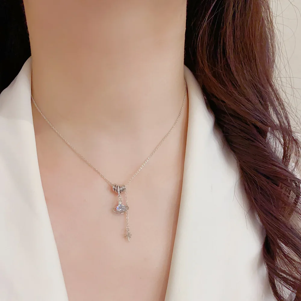 Sparkling Planet Star Drop Necklace Floating Crystal Ring Pendant Chain Jewelry Modern Women Evening Party Accessories