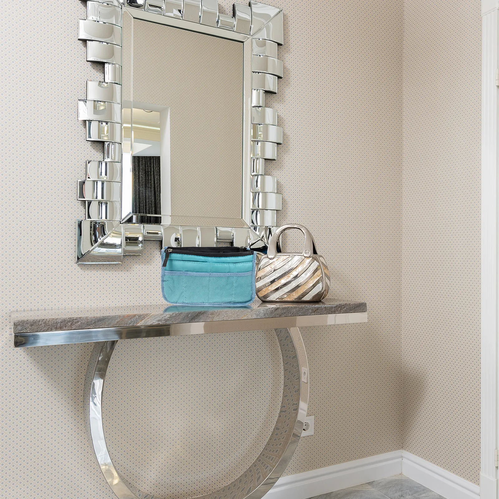 1 Peça Forro de Bolsa Grande Capacidade Multi-Bolsos Dobrável de Nylon Organizador Portátil para Viagem para Cosméticos e Joias