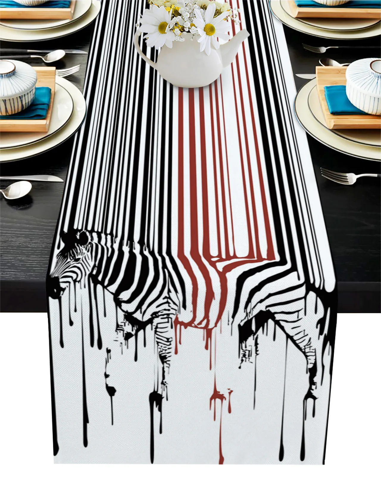 Funny Animal Zebra Paint Black White Red Linen Table Runners Kitchen Table Decoration Dining Table Runner Wedding Party Supplies