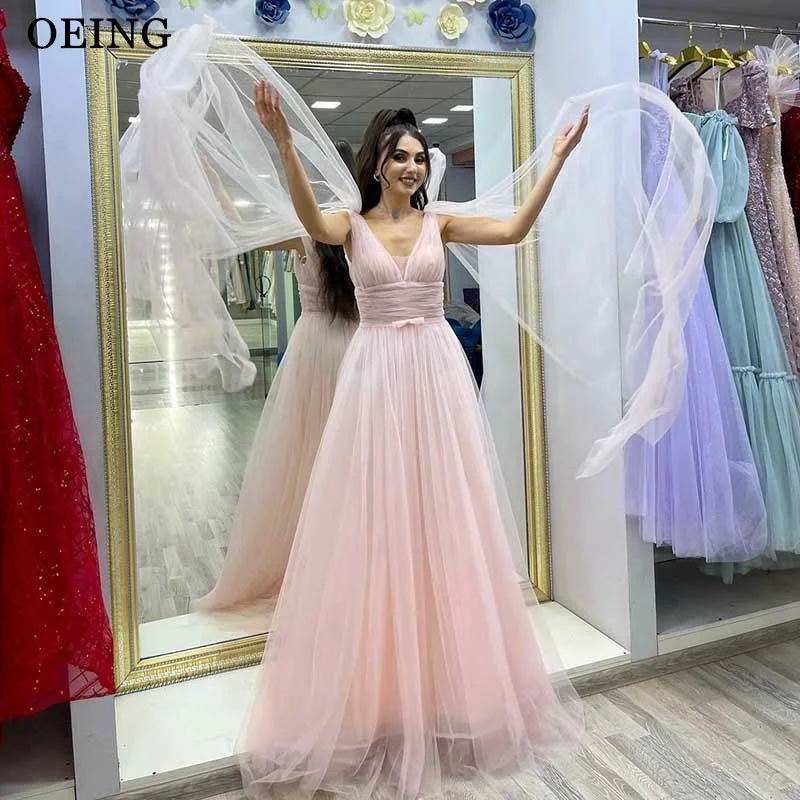 

OEING Elegant Light Pink Tulle Prom Dresses Saudi Arabia Long Cape Sleeves V-Neck Formal Party Dresses Tulle Tiered Evening Gown