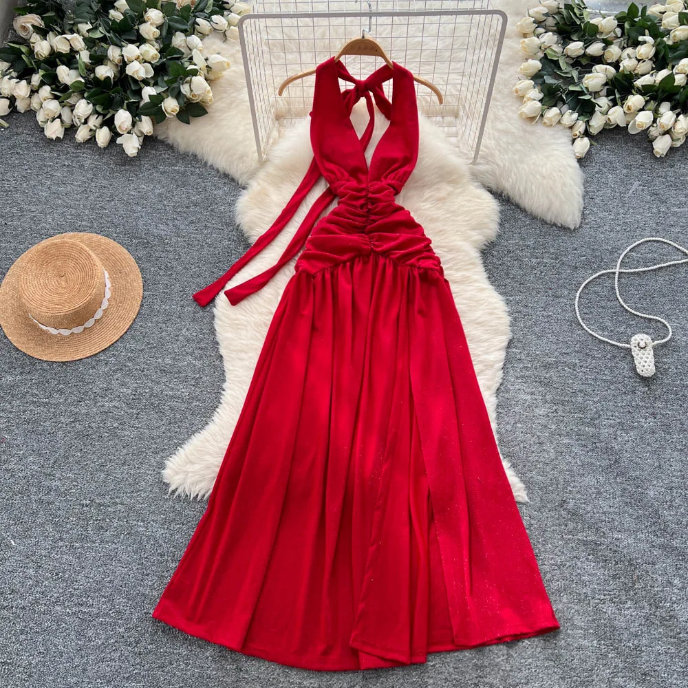 

Woemn Gown Dress Long Dresses Deep V Neck Halter Vestidos Streetwear Backless Sleeveless Elegant Splice Y2k Party Night Sexy