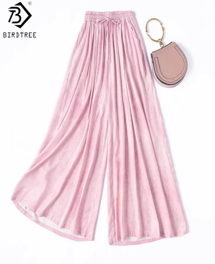 

Birdtree 100% Mulberry Silk Pink Color Pants,Women Elastic Waist Loose Pocket Drawstring Wide Leg Pants, 2025 Summer NewP57419JF