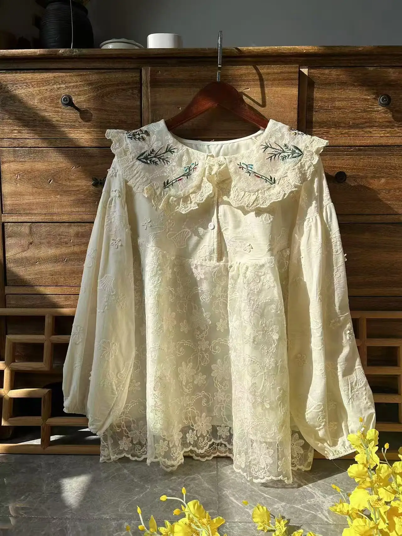 2025 Korean style women's clothing sweet lolita clothing mori girl peter pan collar white beige lace embroidery shirts blouses