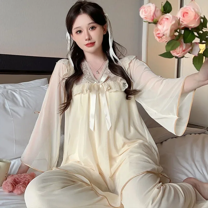 

Floral Mesh Homewear Suit Women Sexy Lace Pajamas Chest Pads Sleepwear Spring Autumn Long-sleeved Sweet V-neck Loose Loungewear