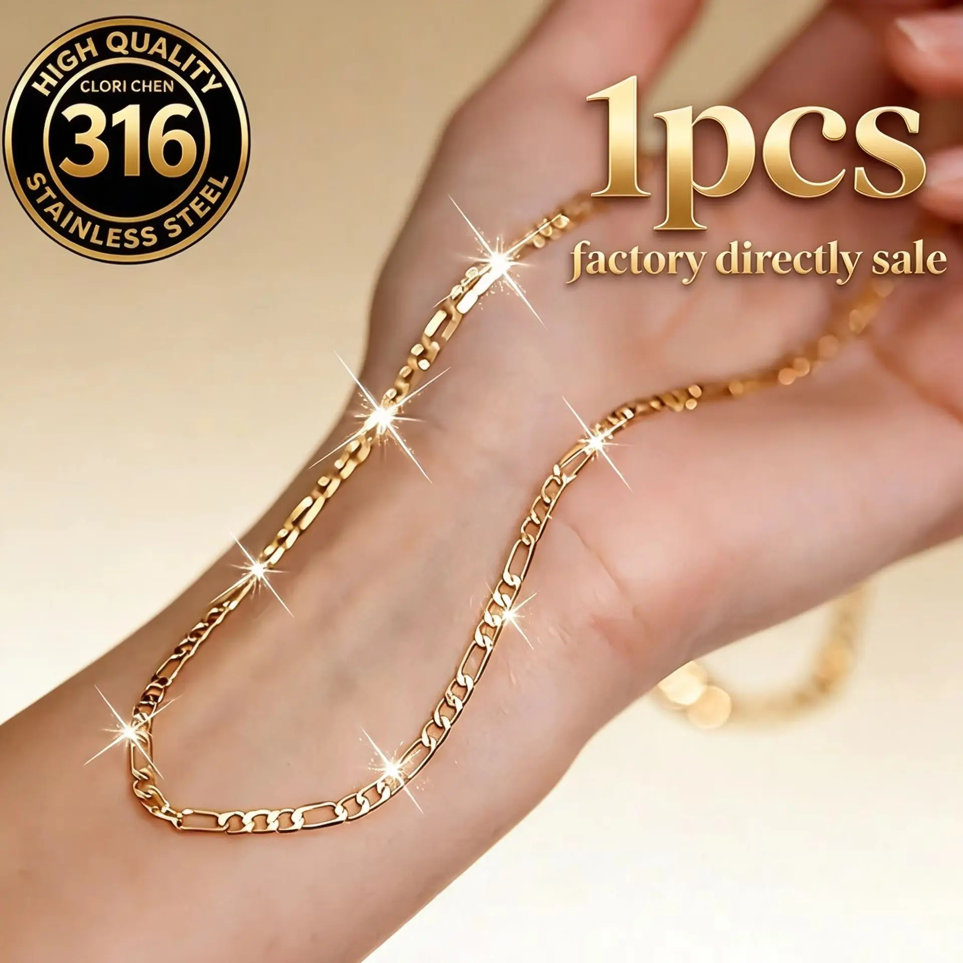 1Pcs 316L Stainless Steel Figaro Chain Necklace Gold Color Non Tarnish Blank Chain for Women Men DIY Jewelry Making