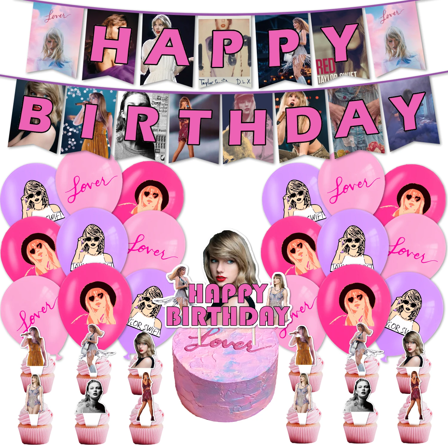 

Taylor-Swift pink girls'Birthday Party Set Banner Cake Topper Balloon for Kids Decoration Singer Party Supplies Baby Shower