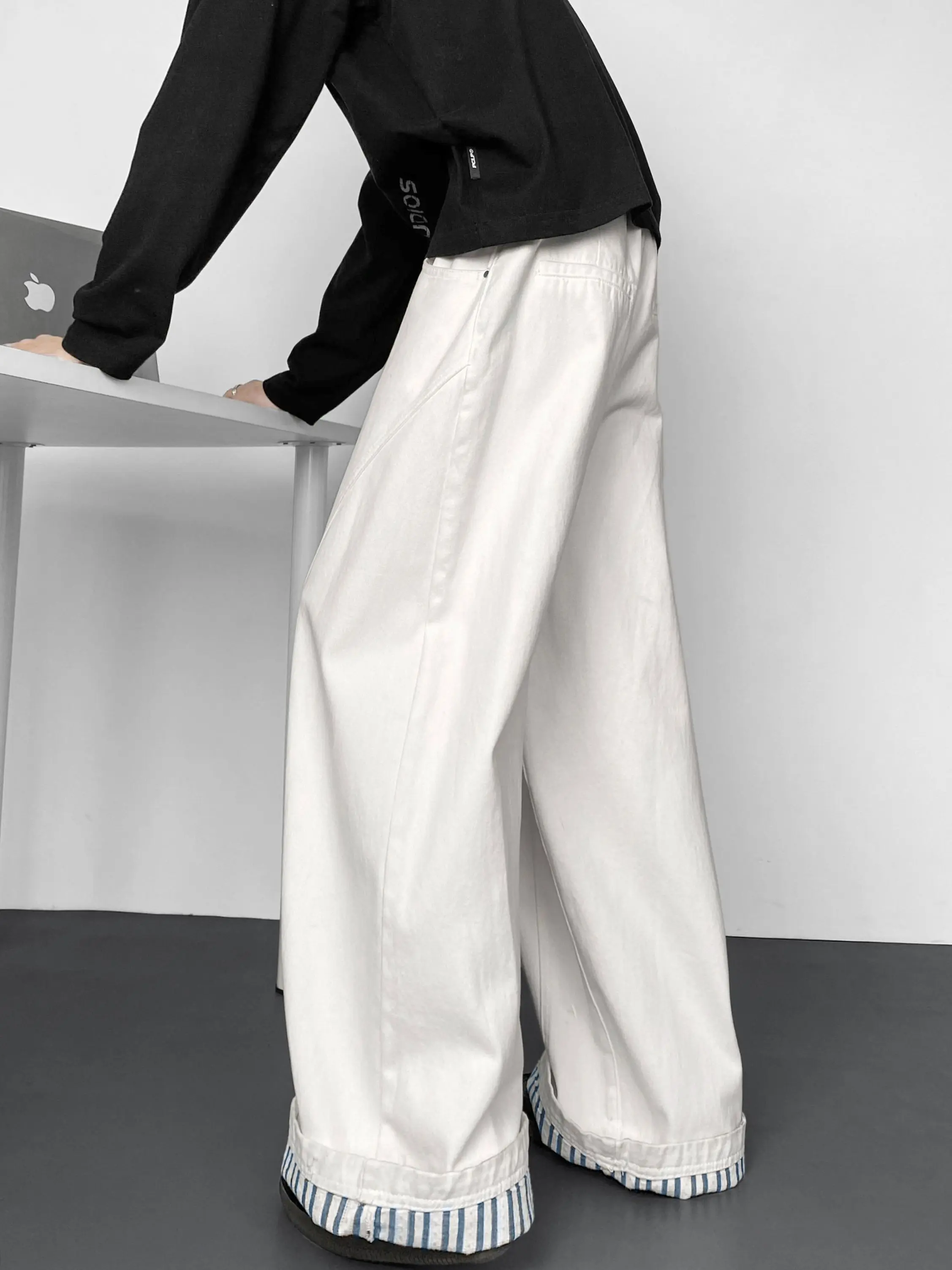 Men's 76.9% Cotton 22.1% Regenerated Cellulose Fiber Spliced Seam Wide Leg Pants Roll‑Up Cuff Striped Liner Loose Baggy Streetwe