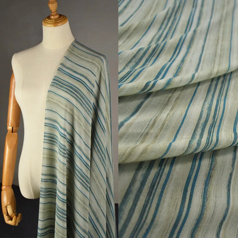 Vintage Wind Simple Green Stripe Print Chiffon Fabric for Dress, Cheongsam Han Cloth, Sewing Tissue, High Grade, T2057