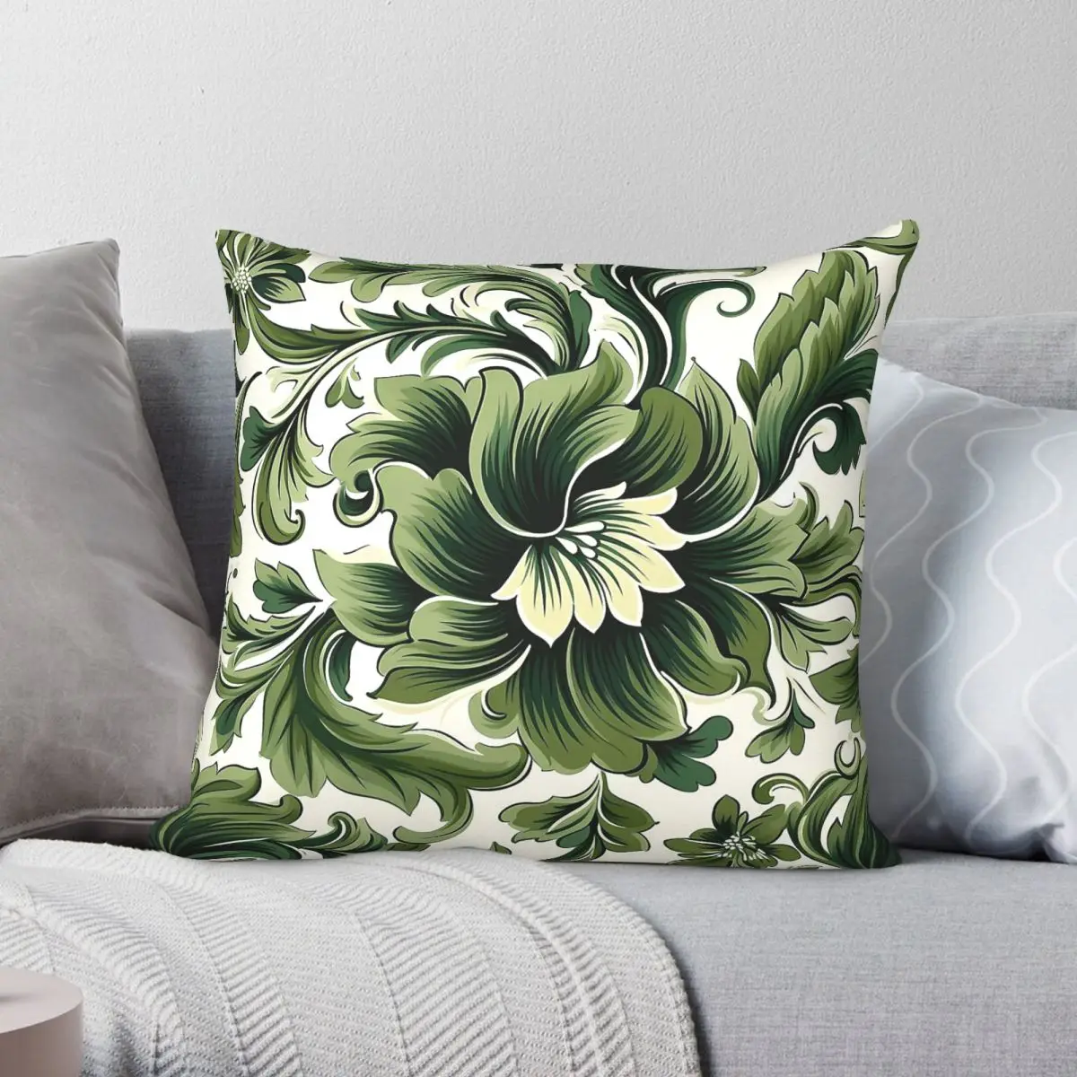 Green With White Flowers Square Pillowcase Polyester Linen Velvet Printed Zip Decorative Home Cushion Case 45x45