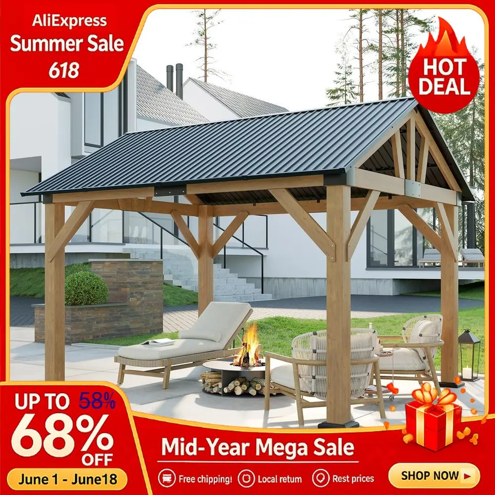 

10x12 ft Spruce Wood Gazebo, Hardtop Pergola with Metal Steel Roof, Outdoor Gazebo with Guest House for Garden, Porch, Custom