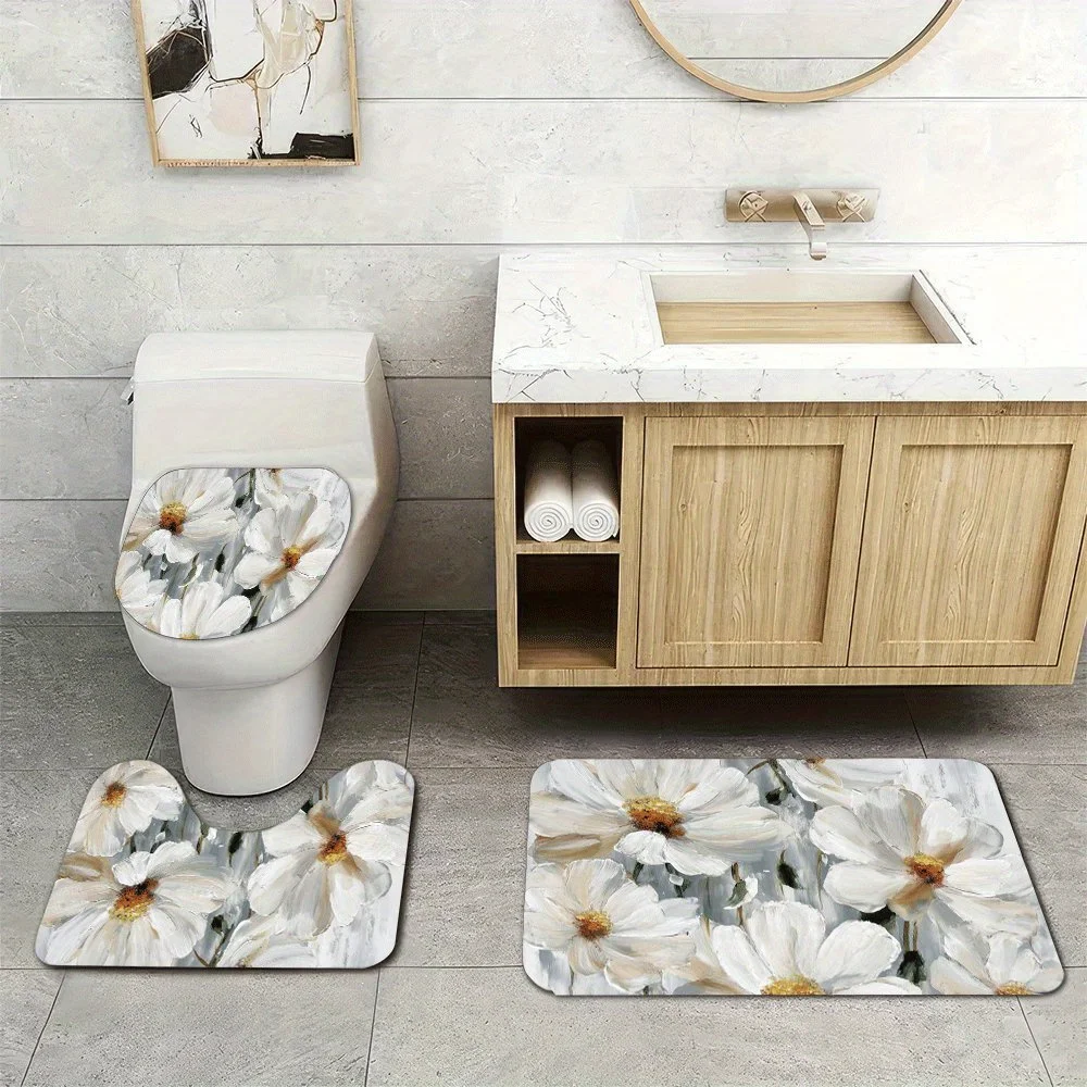 

3pcs Super Soft Bathroom Floor Mats Set, Absorbent, with Non-slip Backing, Flat Image Elegant Floral Print Print for Bathroom