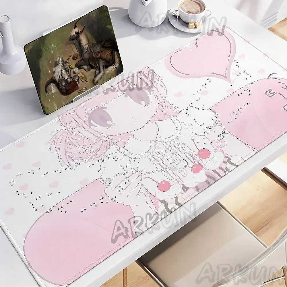 Kawaii Pastel Pink Anime Girl Mouse Pad, Sweet Lolita Girl With Cake Cherry & Heart Background Desktop Mat