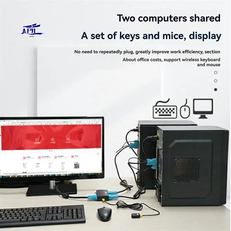 AF91-2-Port VGA KVM Switch Two-In-One-Out With Desktop Controller Shared Set Of Keyboard, Mouse And Monitor