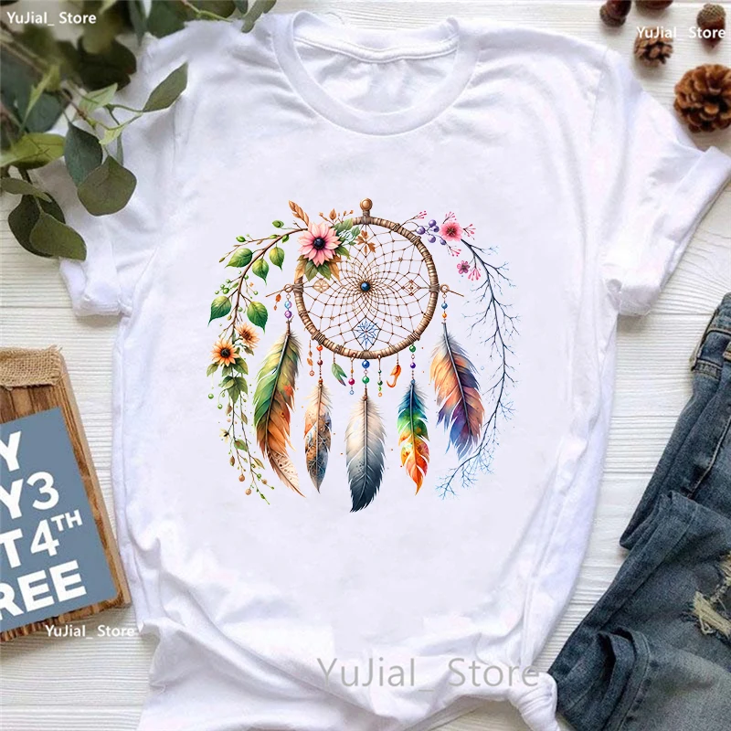 

Dreamcatcher Printed T Shirt Women Wind Chimes Funny Tshirt Femme Summer Short Sleeve T-Shirt Female Streetwear