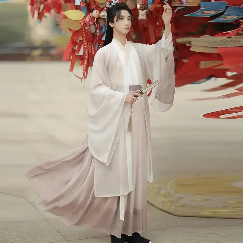 Pakaian Tradisional Tiongkok Kuno Hanfu Kerah Silang Panjang Setinggi Pinggang Bermotif Kostum Pria