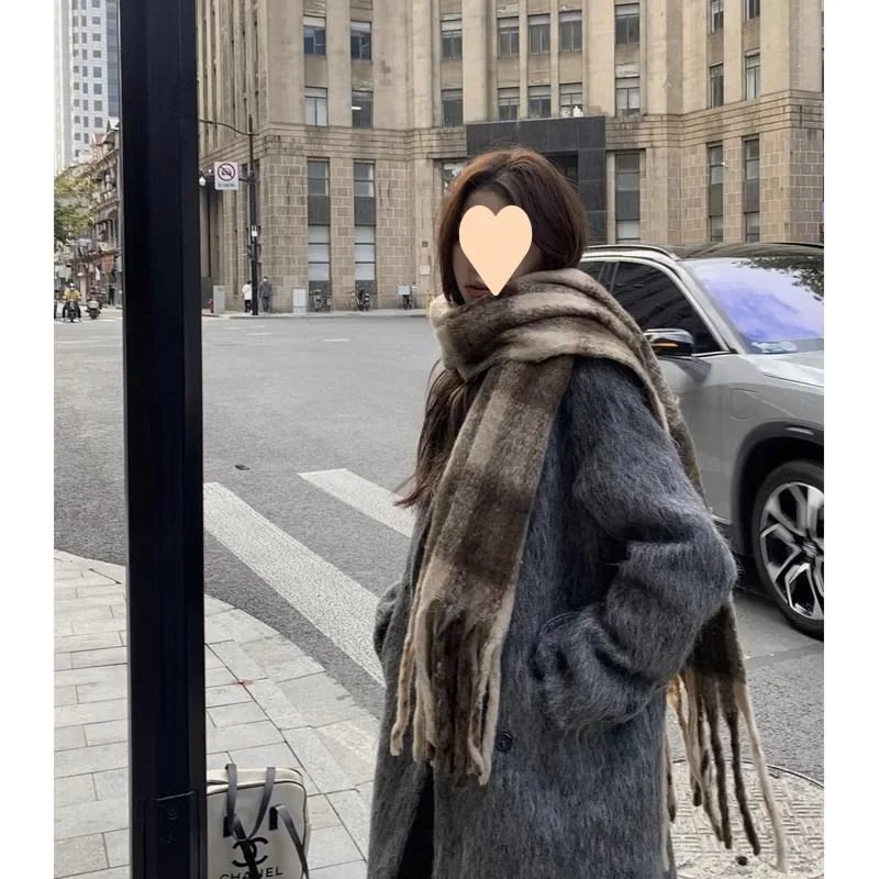 

new long-haired mohair premium gray coat women's autumn and winter thickened medium and long woolen blazer