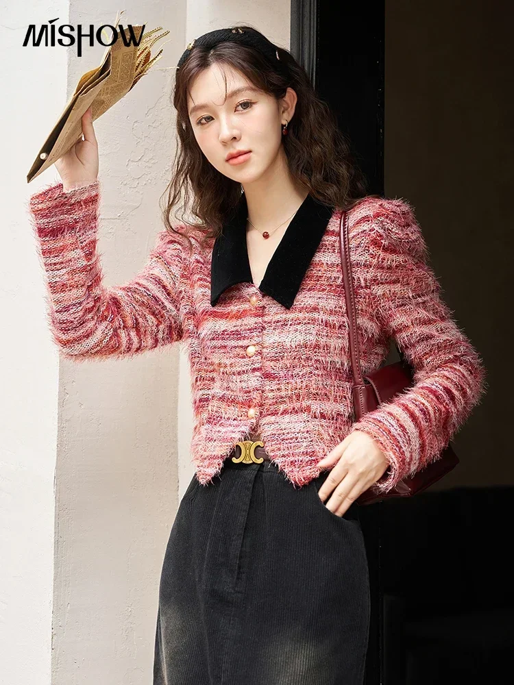 MISHOW Cropped Cardigan Jacket Women 2024 Autumn Winter Turn Down Collar Short Coat Temperament Office Lady Soft Tops MXC56Z0344