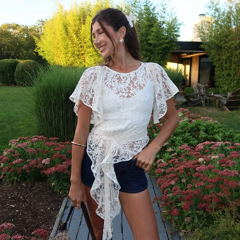 

Ticketsx Hollow Out Lace T-Shirts Women Fashion Sexy Round Neck See Through Patchwork Sling Tops Female Summer Vacation Wears