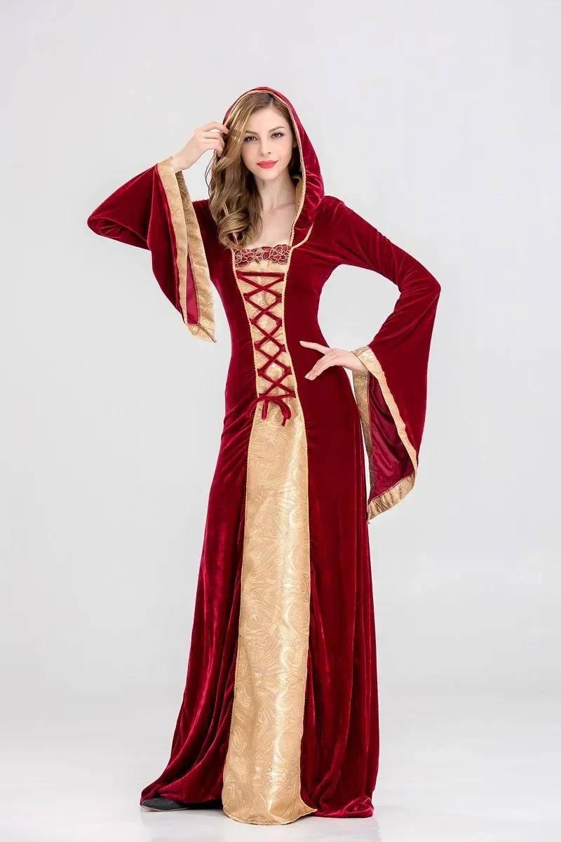 Woman's Renaissance Victorian Medieval Gothic Long Dresses Halloween Cosplay Princess Queen Velvet Medieval Robe Hooded Gown