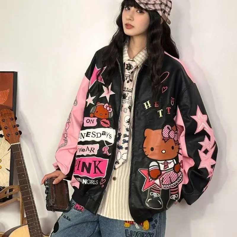 Sanrio Hello Kitty Cartoon Embroidered Jacket Baseball Jacket girl Fall Winter Style Biker Jacket Retro Color Block Casual Wear