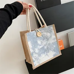 ISKYBOB Linen Gift Packing Bag Women Fashionable Outing Lunch Bag Handbag Small Shoulder Bag with Button Grocery Bag 2024 New