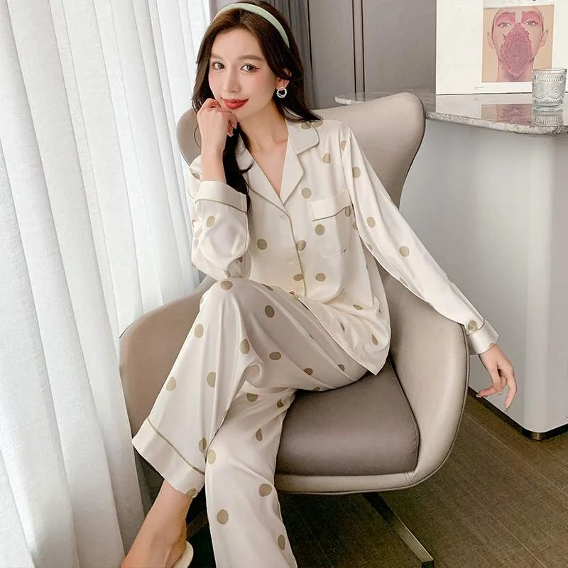 Women's New Ice Silk Long Sleeve Sleepwear Set Spring Autumn Thin Satin Chiffon Home Clothes Collection Lightweight Home Comfort
