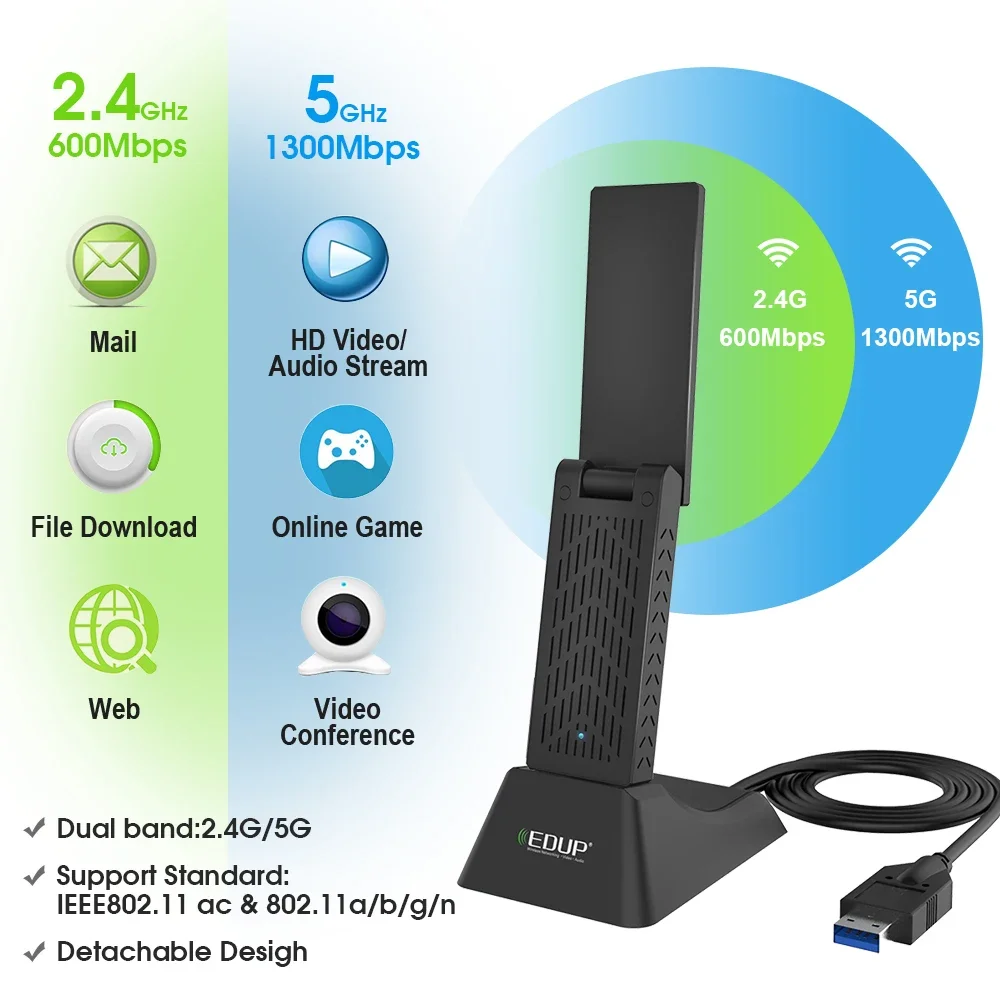 

1900 Мбит/с 2,4G/5 ГГц 802.11n Двухдиапазонный Wi-Fi адаптер USB 3.0 Беспроводной ПК Lan 802.11AC Сеть ключей Linux win10